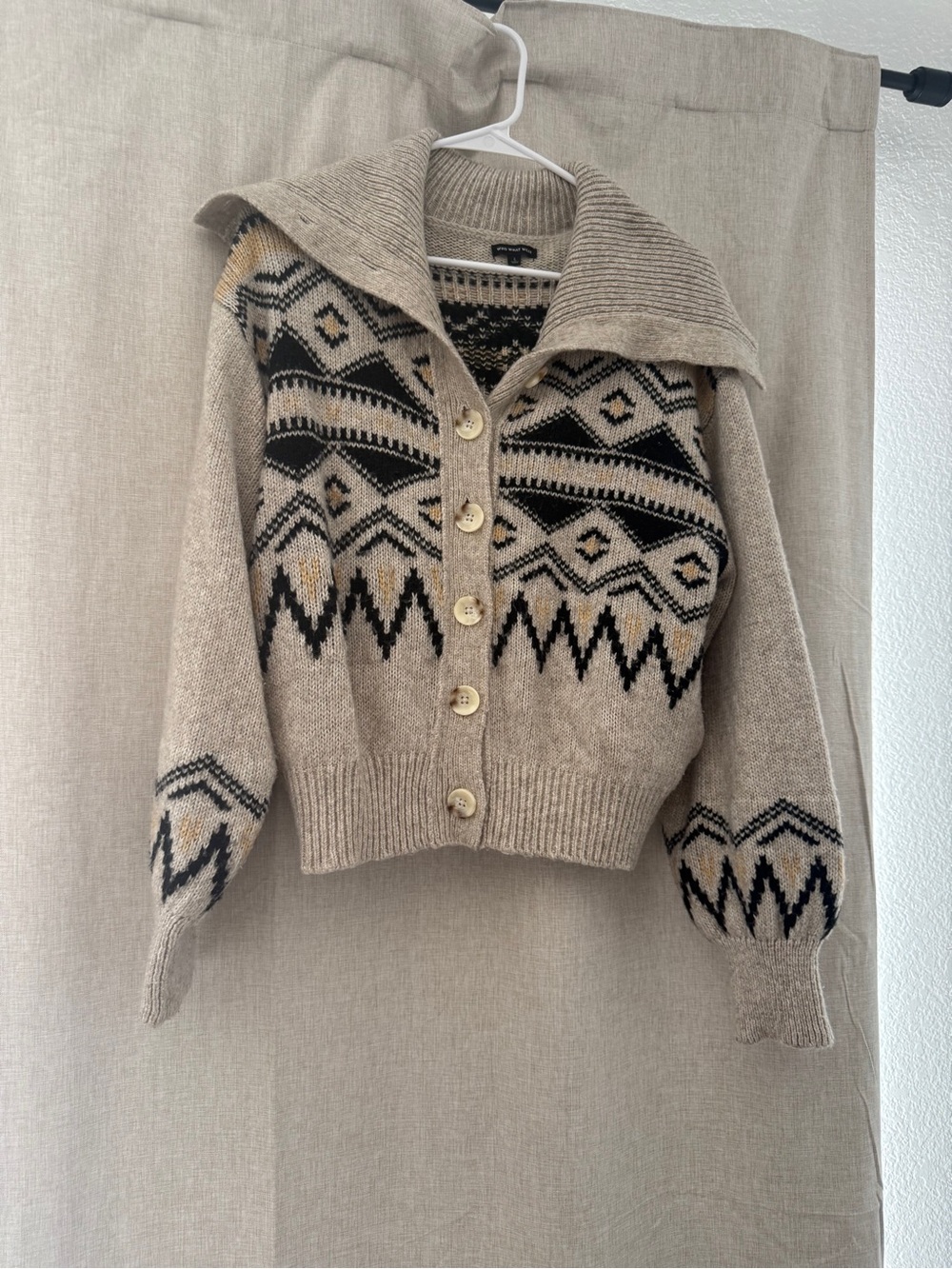 Who What Wear Beige Fair Isle Button-Up Cardigan with Black & Cream Pattern